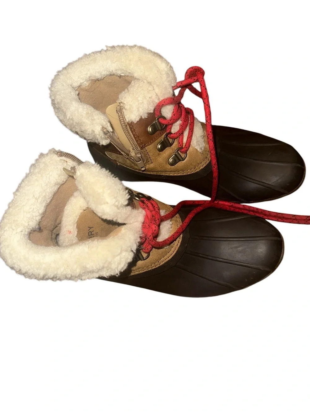 Sperry Duck Boots Kids Size 4M Brown Tan Faux Fur Trim Red Laces